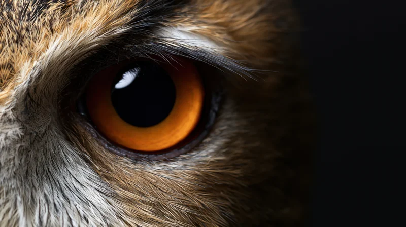 Extreme close-up of an owl's eye with orange iris and detailed feathers against dark background