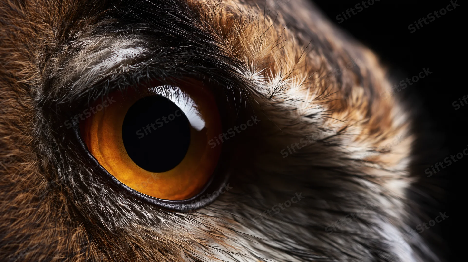 Extreme closeup of an owl's eye with detailed feathers and reflection in the pupil