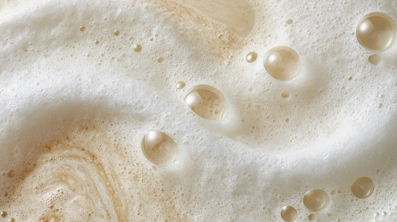 Creamy white foam surface with bubbles and swirls from a carbonated beverage