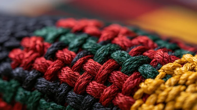 Close-up of handwoven kente cloth showing intricate red green black and yellow pattern