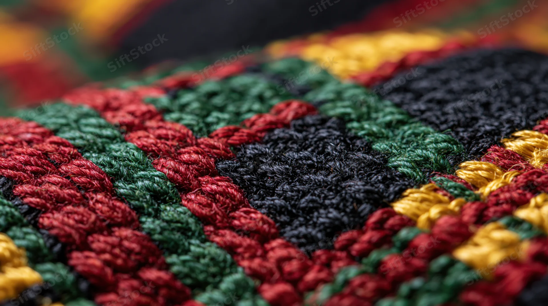 Close-up of handwoven african kente cloth showing intricate red green black and yellow geometric pattern