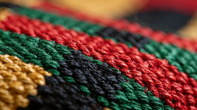 Close-up of handwoven kente cloth with red, green, black and gold stripes