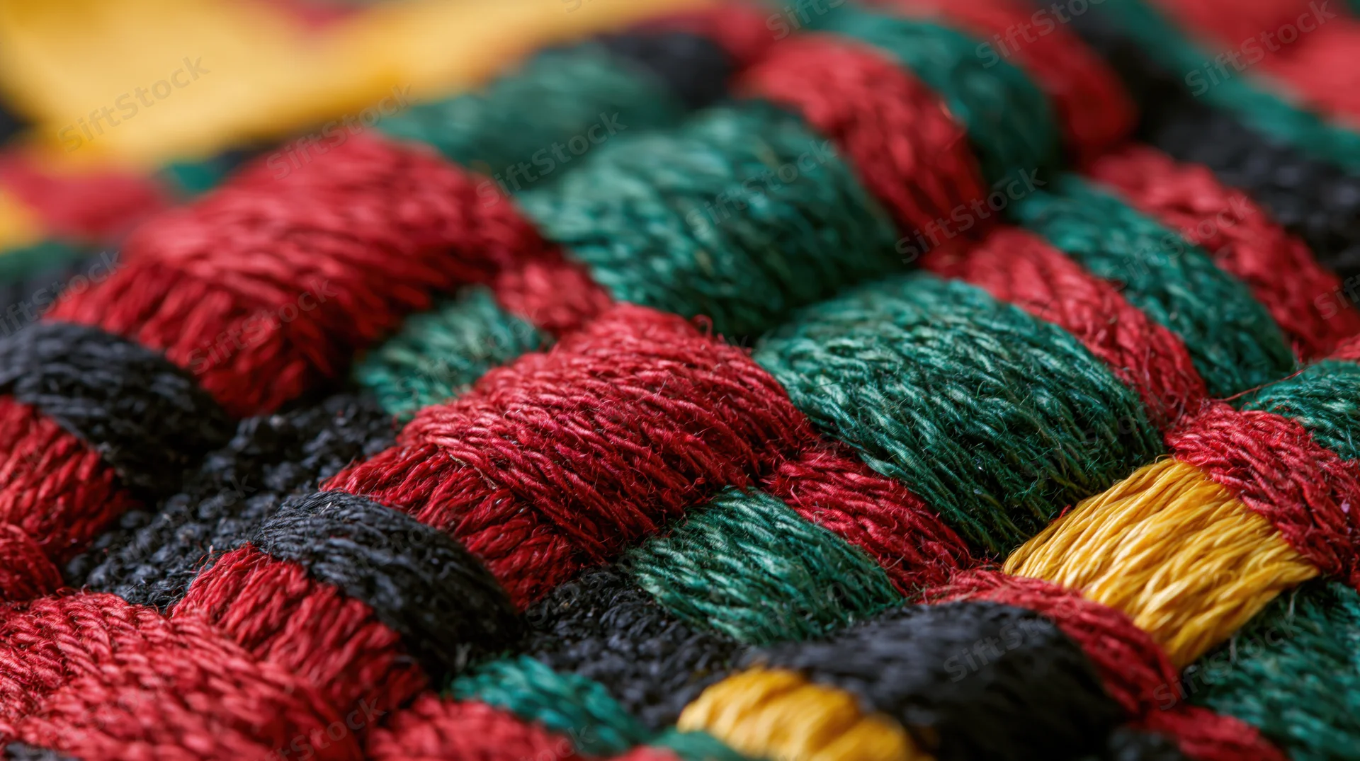 Close-up of handwoven kente cloth with red, green, black and yellow threads forming a geometric pattern