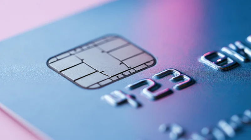 Close-up of a credit card showing the emv chip and embossed numbers under colorful lighting