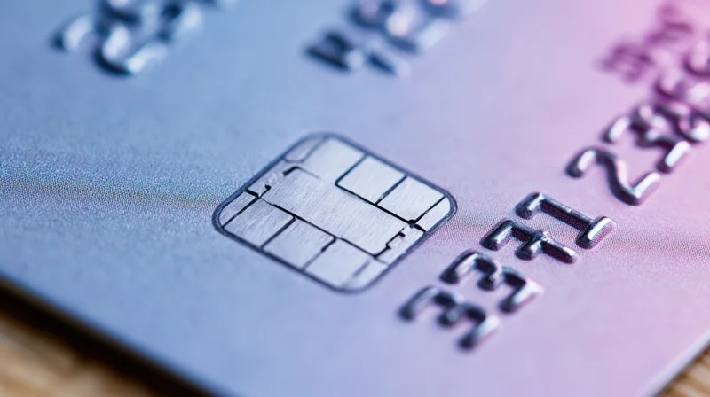 Close-up of a credit card showing the emv chip and embossed numbers on a gradient surface