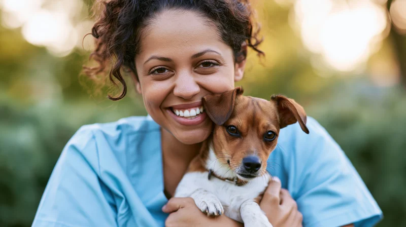 Female veterinarian smiling while holding a small brown and white dog outdoors