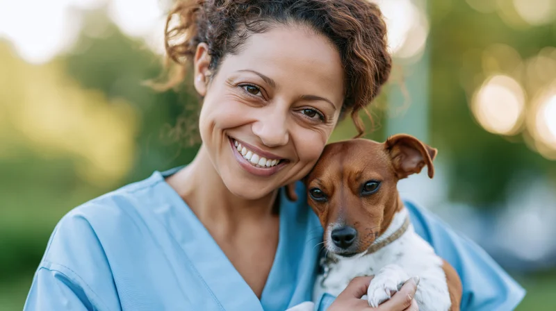 Female veterinarian smiling while holding a small brown and white dog outdoors