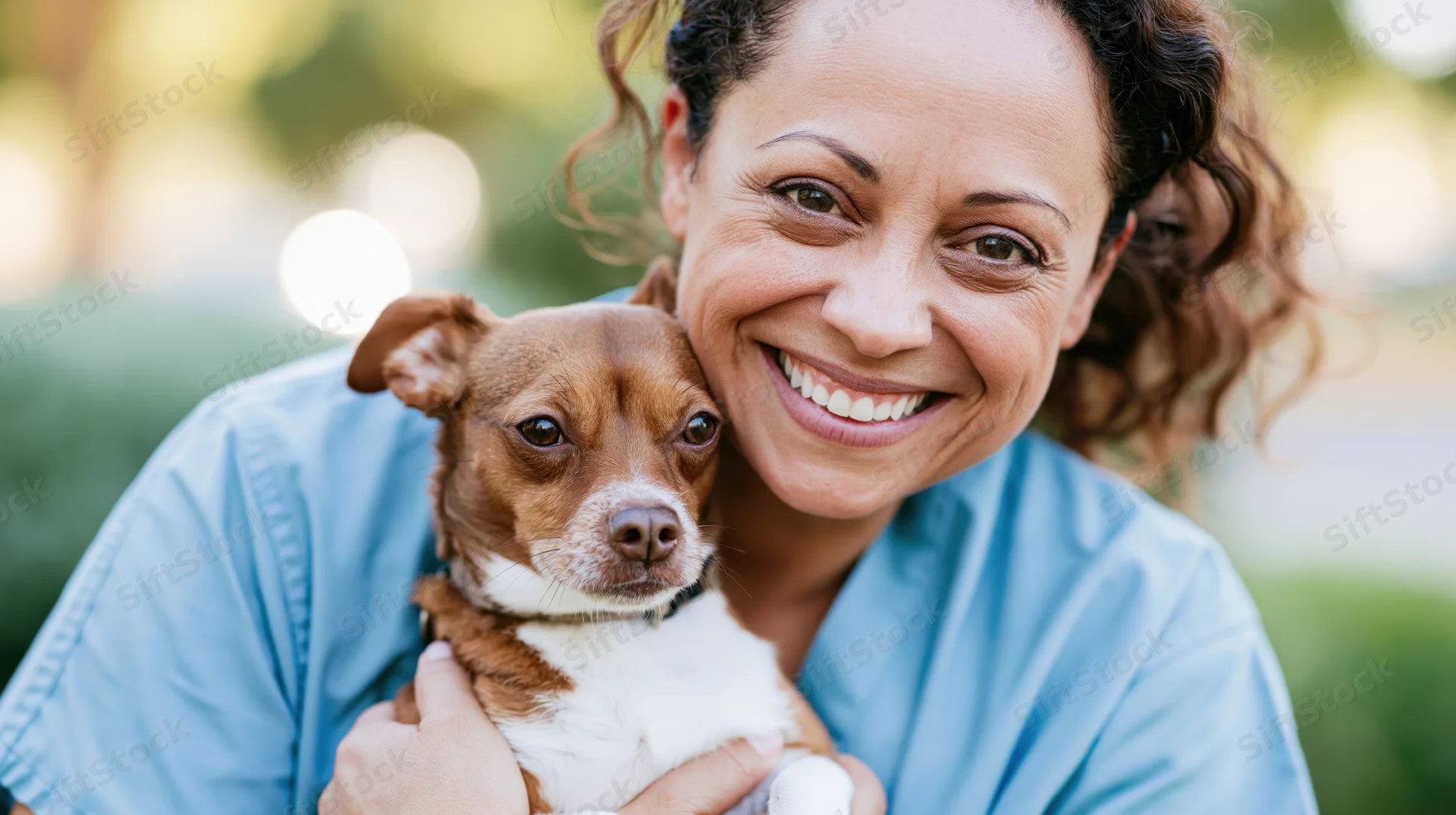 Woman veterinarian smiling while holding small brown and white dog outdoors in park