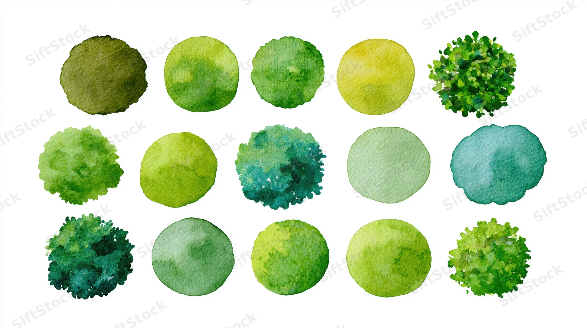 Fifteen circular watercolor tree illustrations arranged in rows on white background