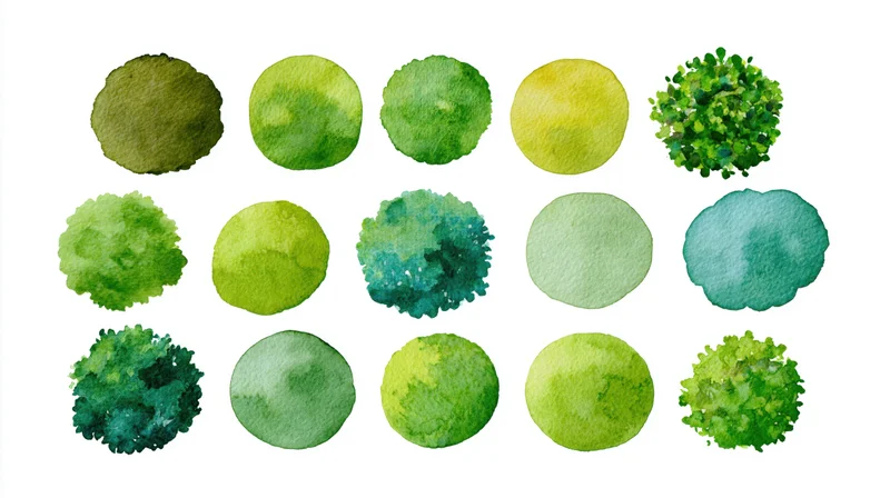 Fifteen circular watercolor tree illustrations arranged in rows on white background