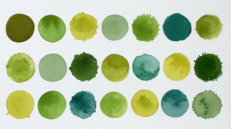Watercolor circles in green hues arranged in rows on white paper