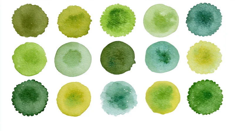 Fifteen circular watercolor illustrations of trees arranged in rows on white background