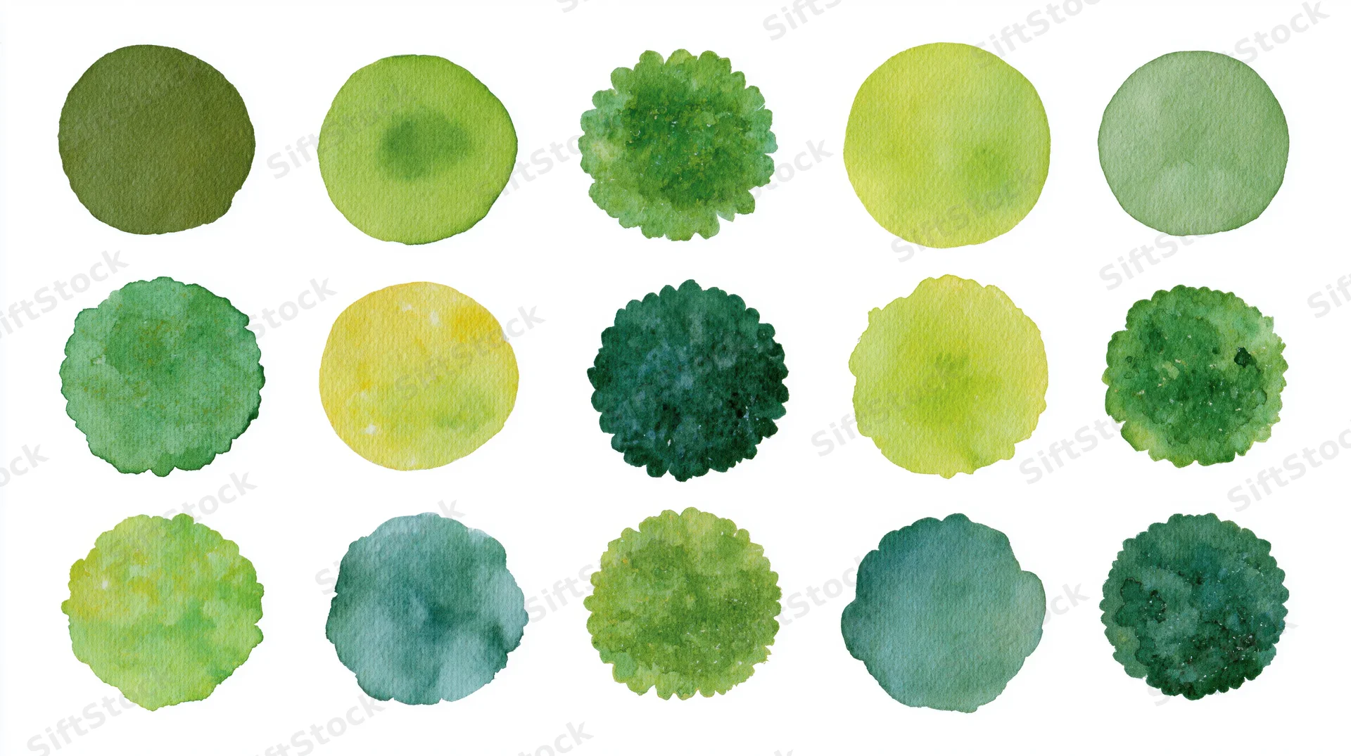 Fifteen circular watercolor illustrations of trees arranged in rows on white background