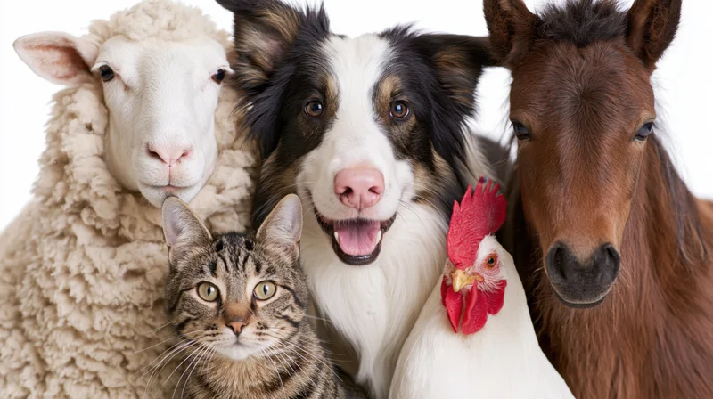 Sheep, dog, horse, cat and chicken grouped closely together facing the camera in a studio setting