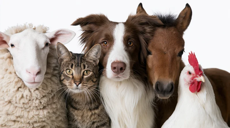 Five farm animals grouped closely together facing the camera in a studio portrait