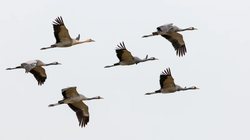 Five common cranes flying in midair with wings fully extended against a pale sky