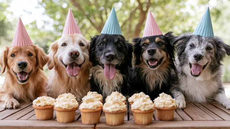 Five dogs wearing party hats gathered around a table with cupcakes outdoors