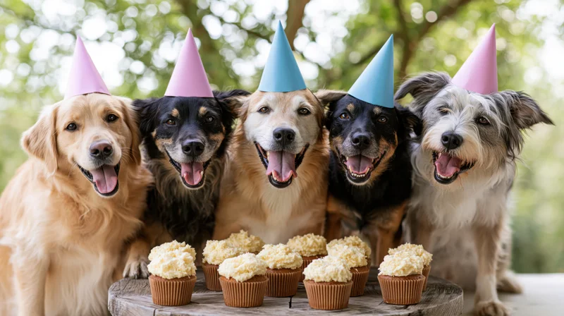 Five dogs wearing party hats gathered around cupcakes outdoors