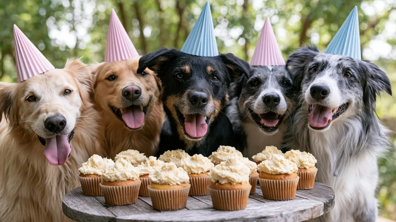 Five dogs wearing paper party hats gathered around a table with cupcakes outdoors