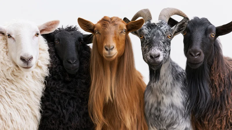 Five farm animals lined up facing camera in studio portrait