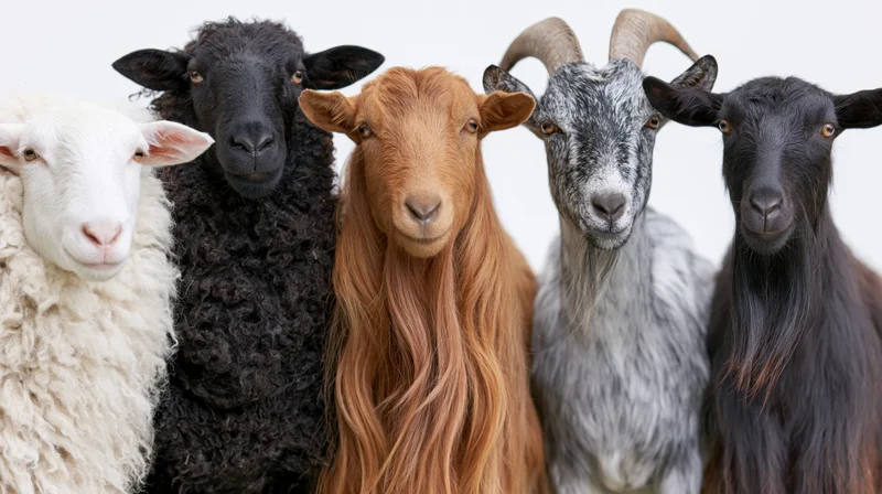 Five farm animals lined up side by side facing the camera in studio setting