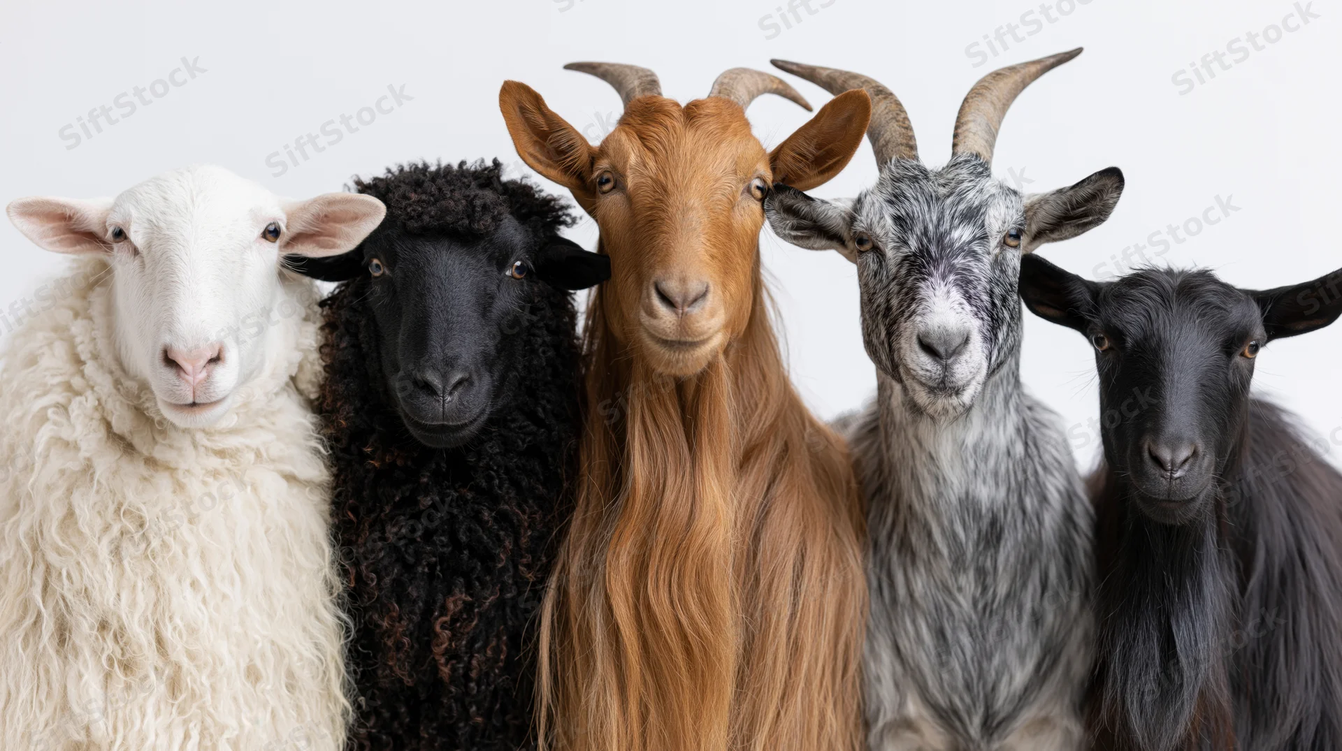 Five farm animals lined up side by side facing the camera in studio setting