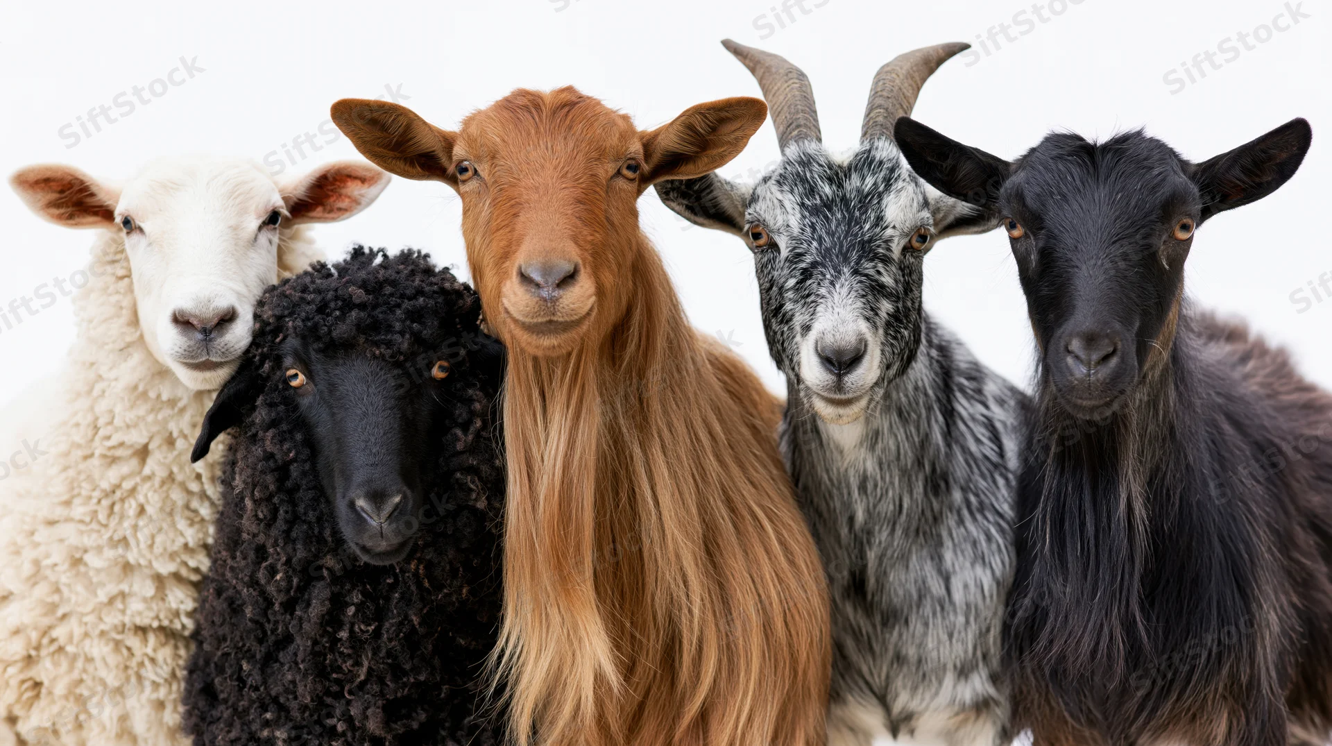 Five farm animals lined up side by side facing the camera on white background