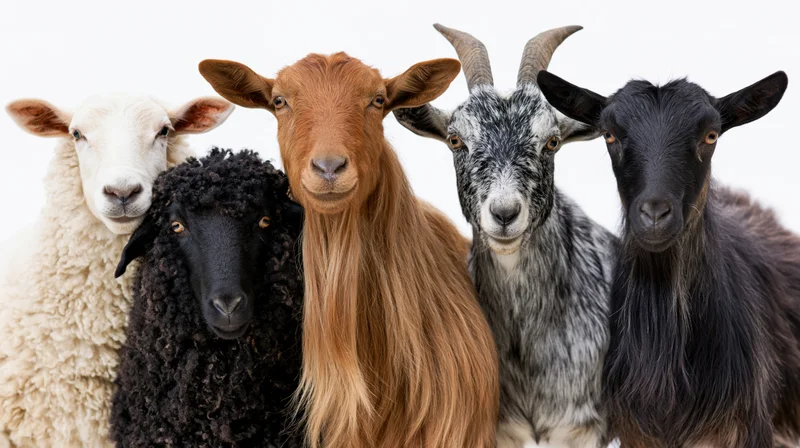 Five farm animals lined up side by side facing the camera on white background