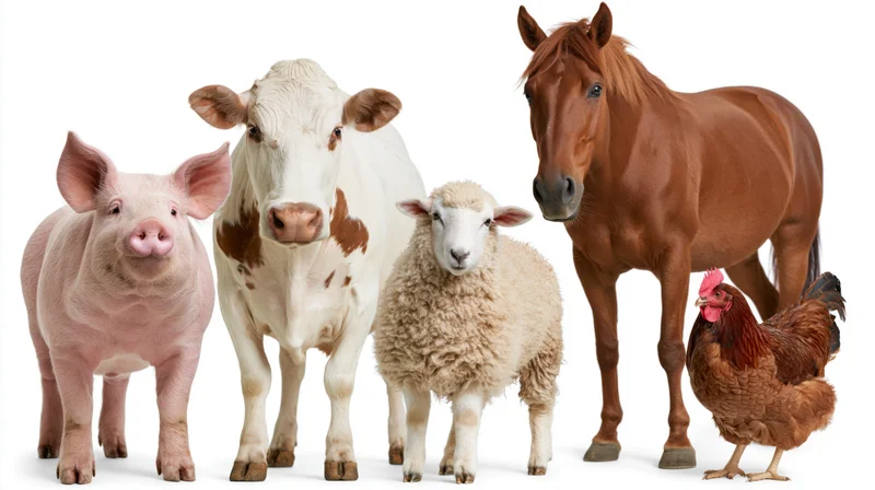 Five farm animals standing together facing forward against a white background