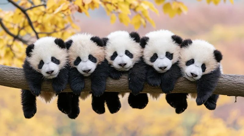 Five giant panda cubs resting side by side on a thick tree branch in autumn foliage