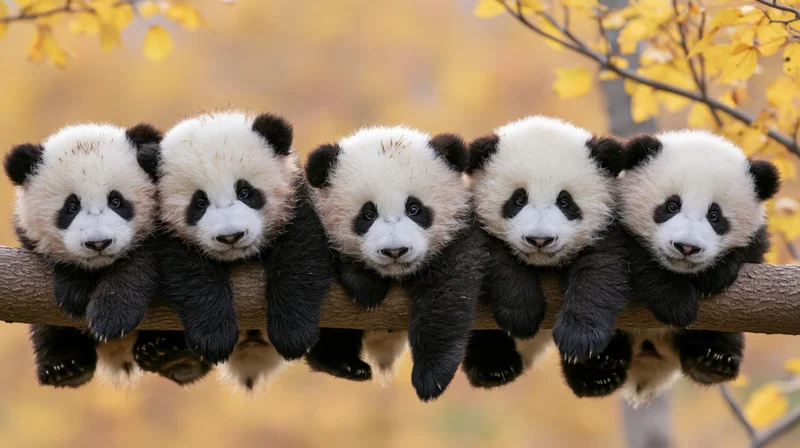 Five giant panda cubs resting side by side on a thick horizontal tree branch in autumn foliage