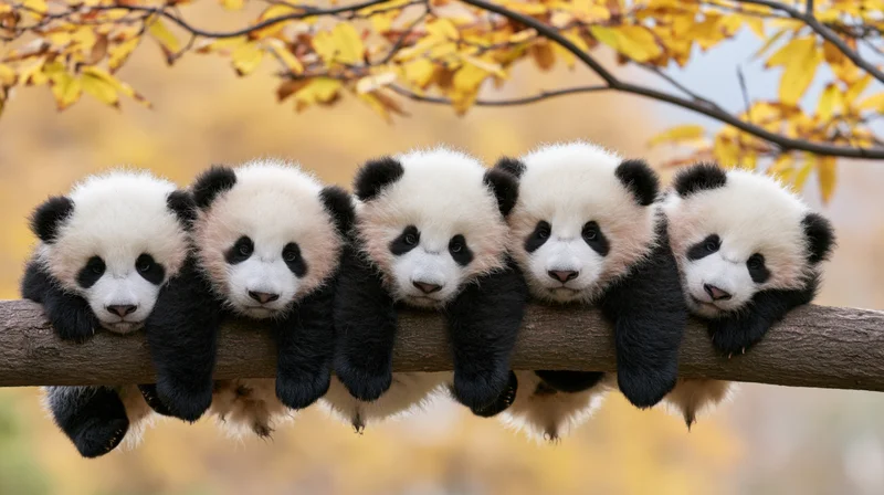 Five giant panda cubs resting side by side on a tree branch in autumn foliage