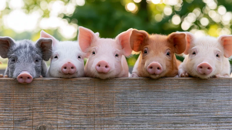 Five piglets peeking over a wooden fence in a farmyard setting