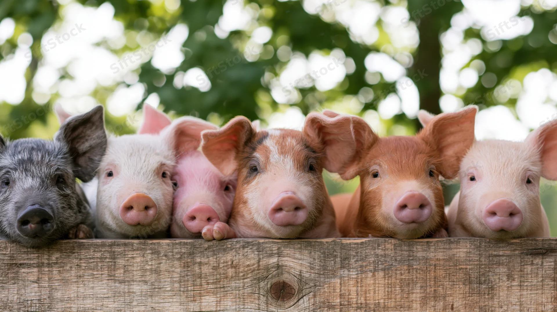 Five piglets of different colors peeking over a wooden fence in a farm setting