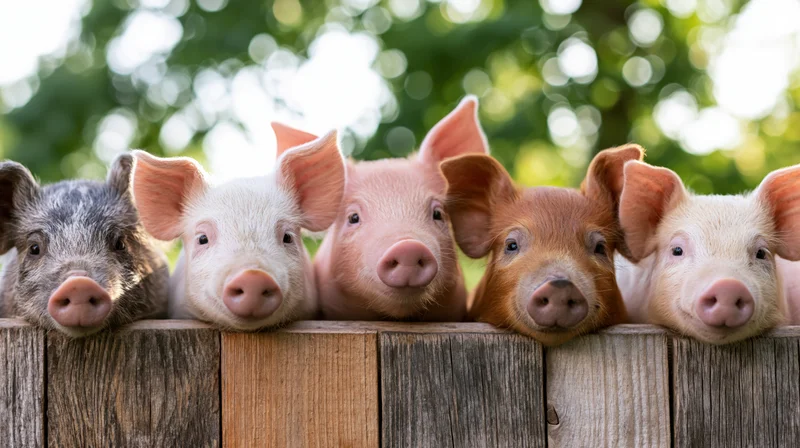 Five piglets of different colors peeking over a wooden fence in a farm setting