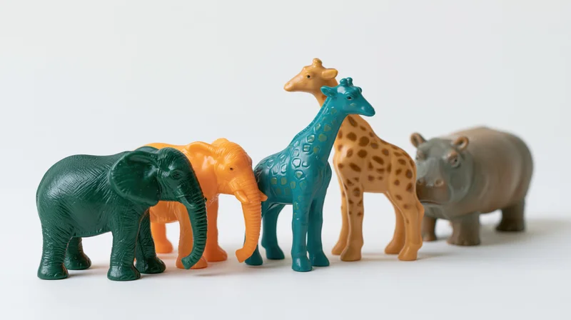 Five plastic safari animal toys arranged in a row on a white surface