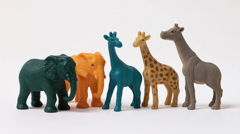 Five plastic safari animal toys arranged in a row on a white background