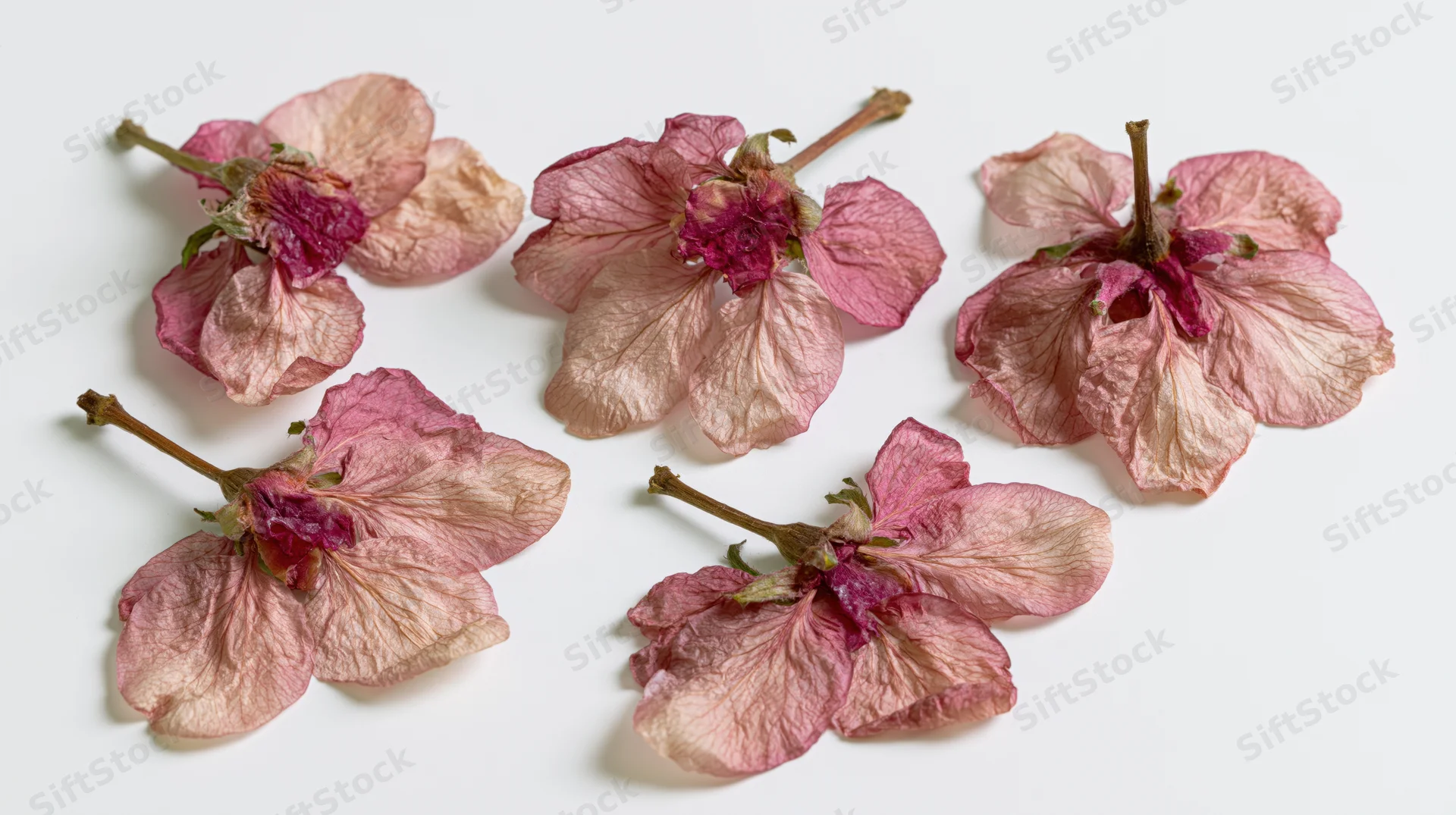 Five dried pink apple blossom flowers arranged on a white surface
