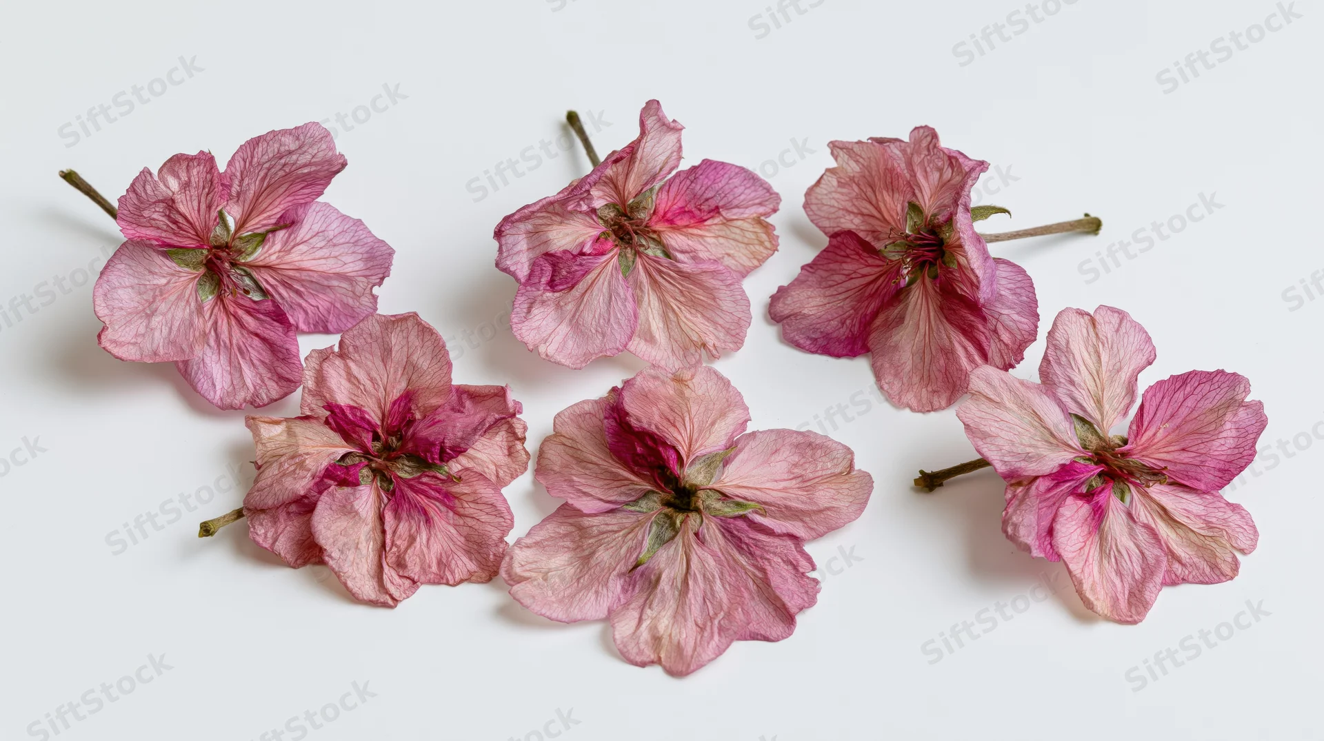 Dried pink apple blossom flowers arranged on white background