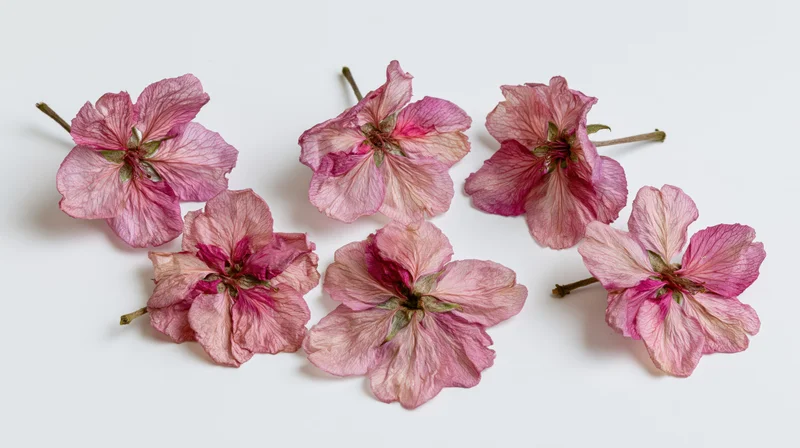 Dried pink apple blossom flowers arranged on white background