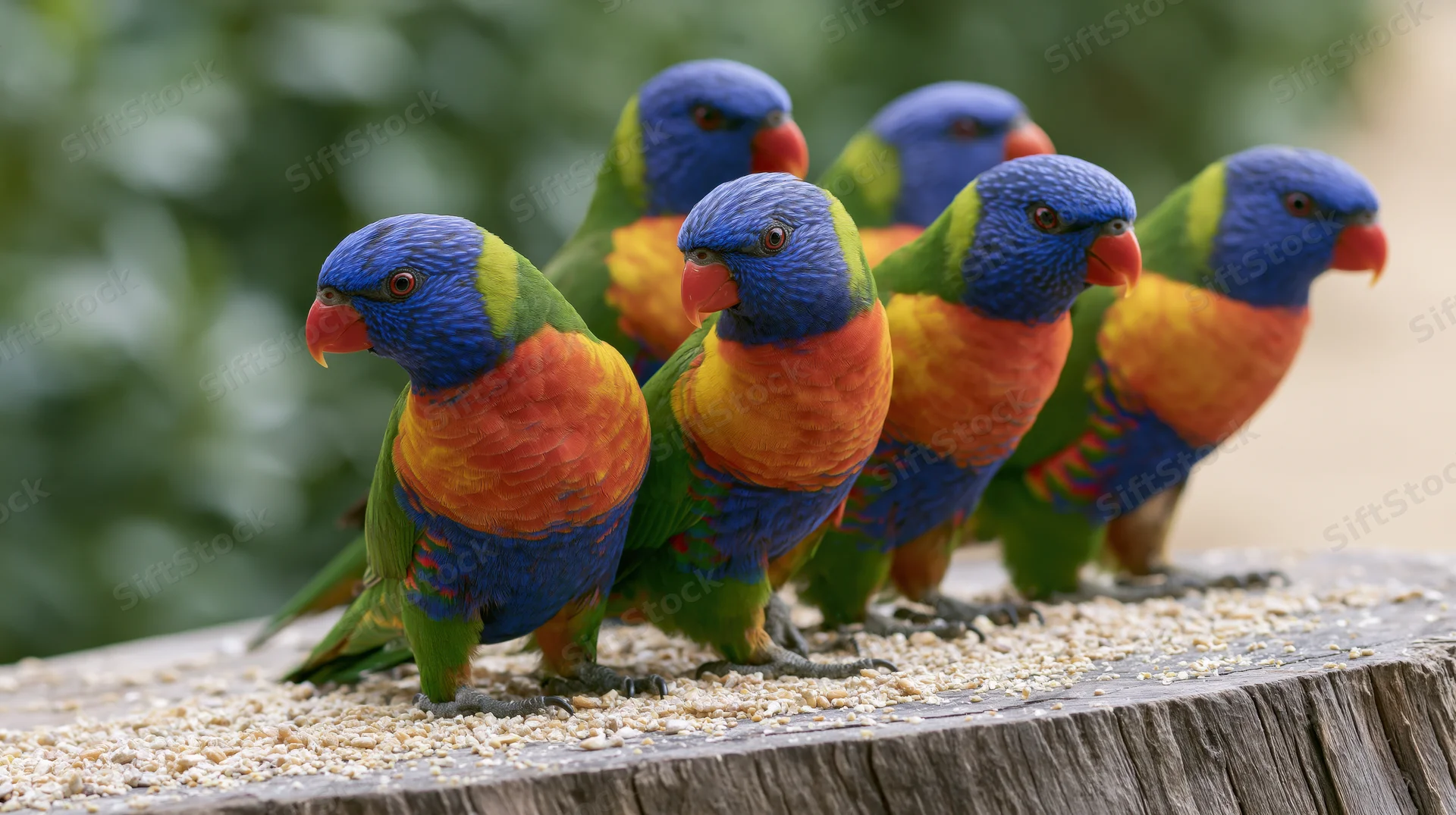 Five rainbow lorikeets perched closely together on a wooden stump feeding on seeds outdoors