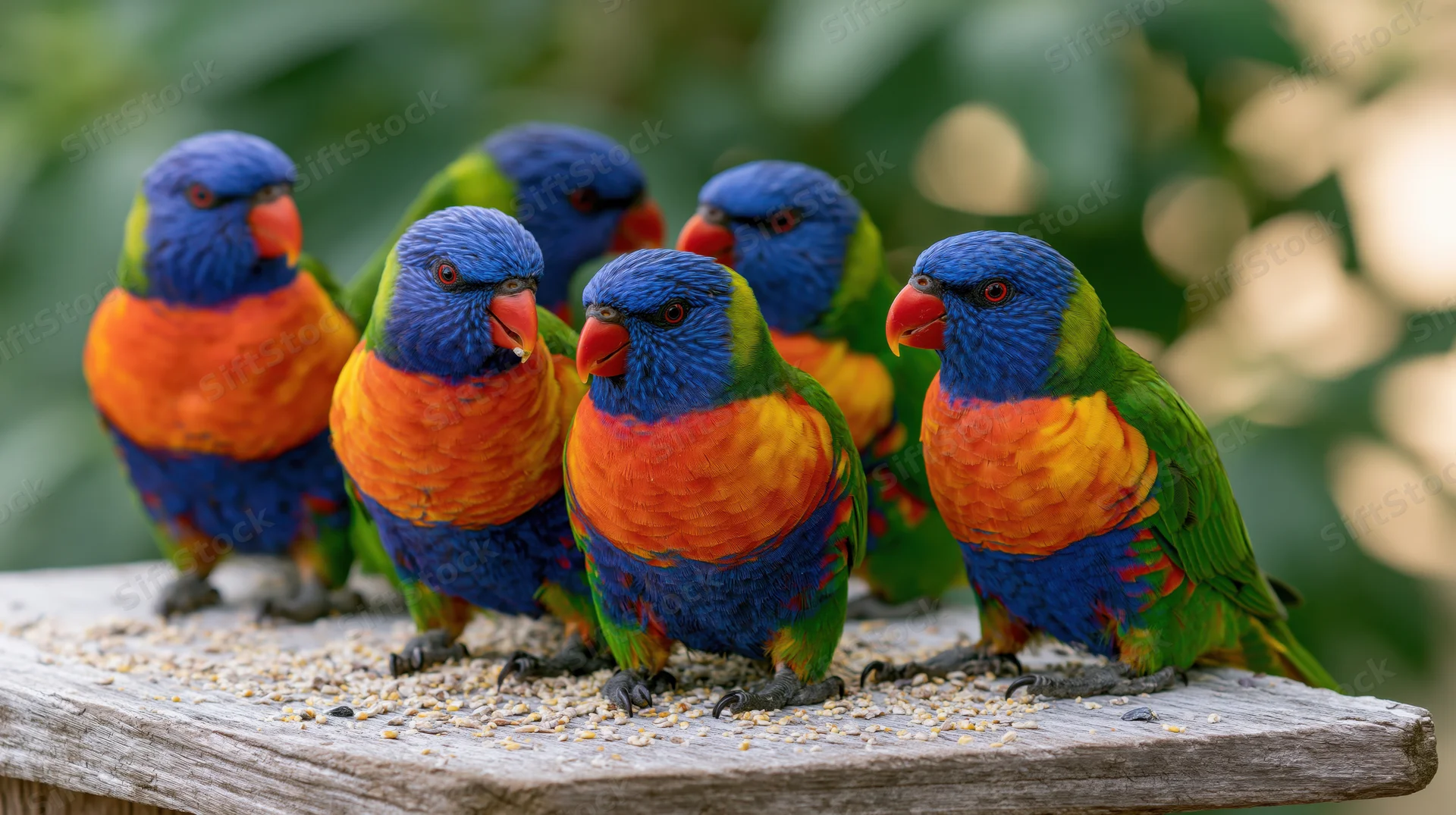 Five rainbow lorikeets perched closely together on a wooden platform feeding on seeds outdoors