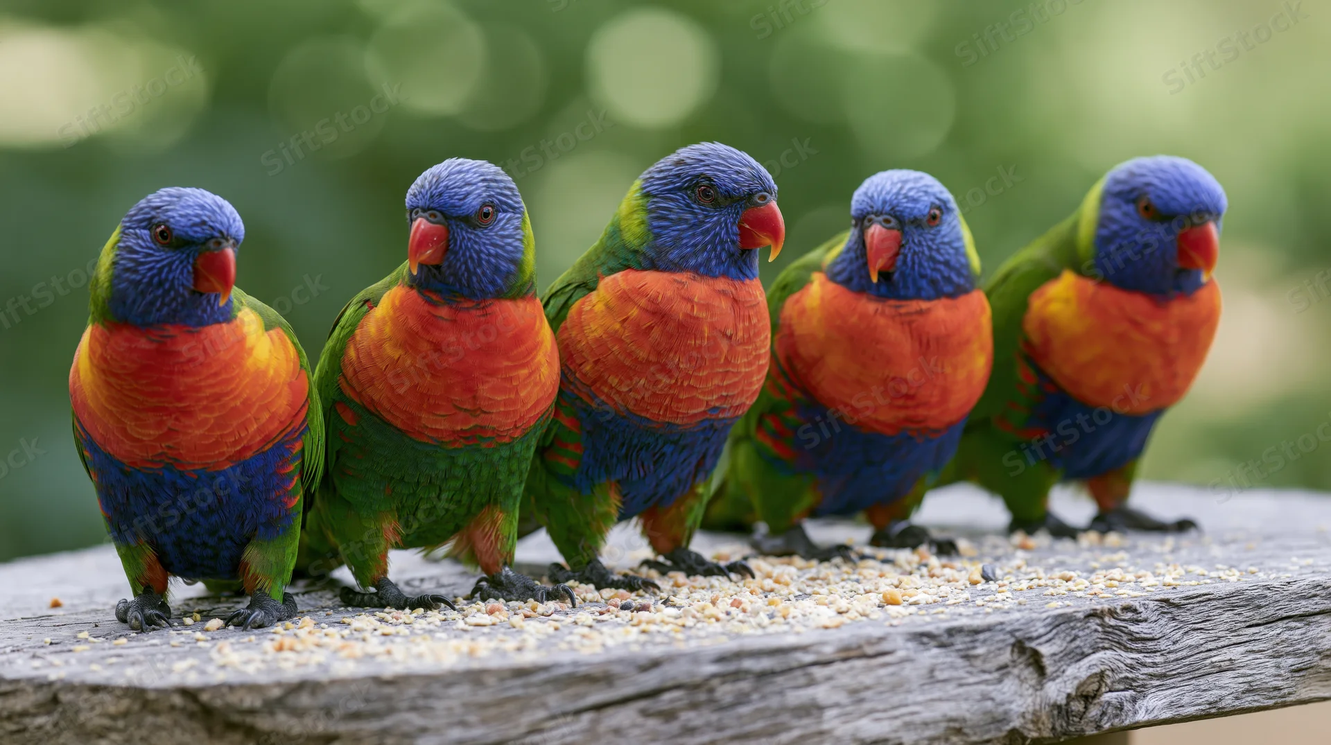 Five rainbow lorikeets perched closely together on a weathered wooden log feeding on scattered seeds