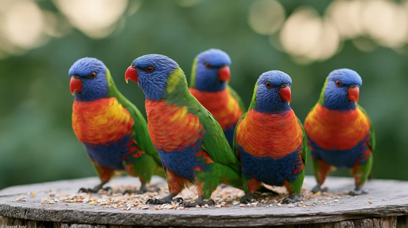 Five rainbow lorikeets perched closely together on a wooden stump with seeds