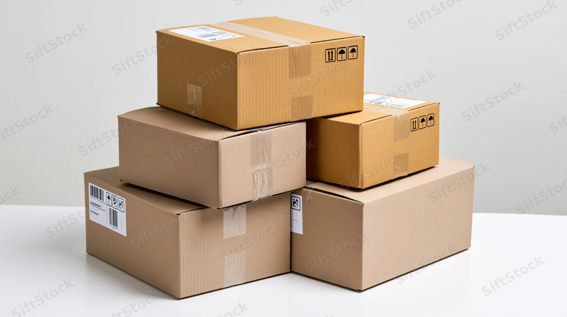 Five sealed cardboard shipping boxes stacked in a loose pyramid on a white surface
