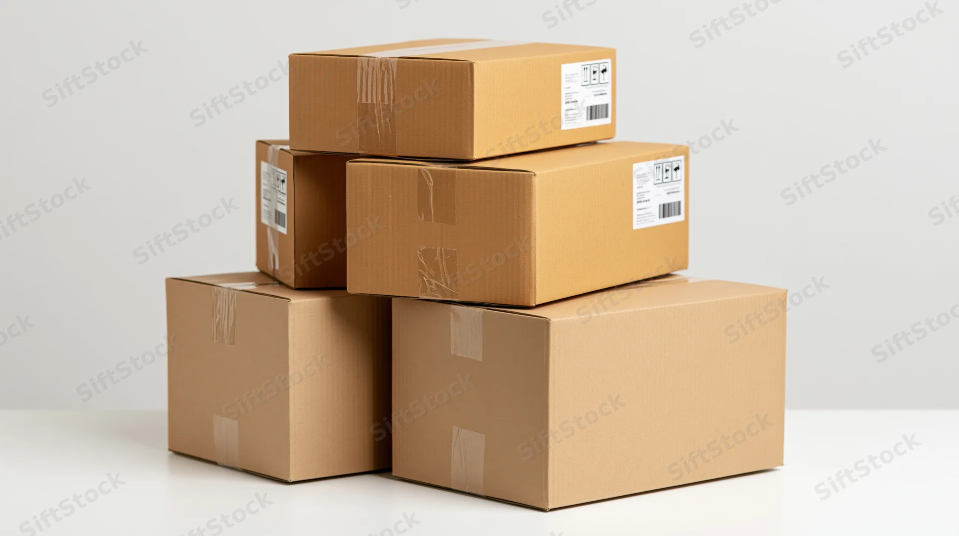Five sealed cardboard shipping boxes stacked in a loose pyramid on a white surface