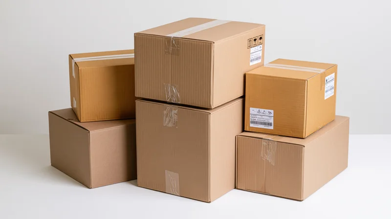 Stacked cardboard shipping boxes arranged in a loose pyramid on a white surface