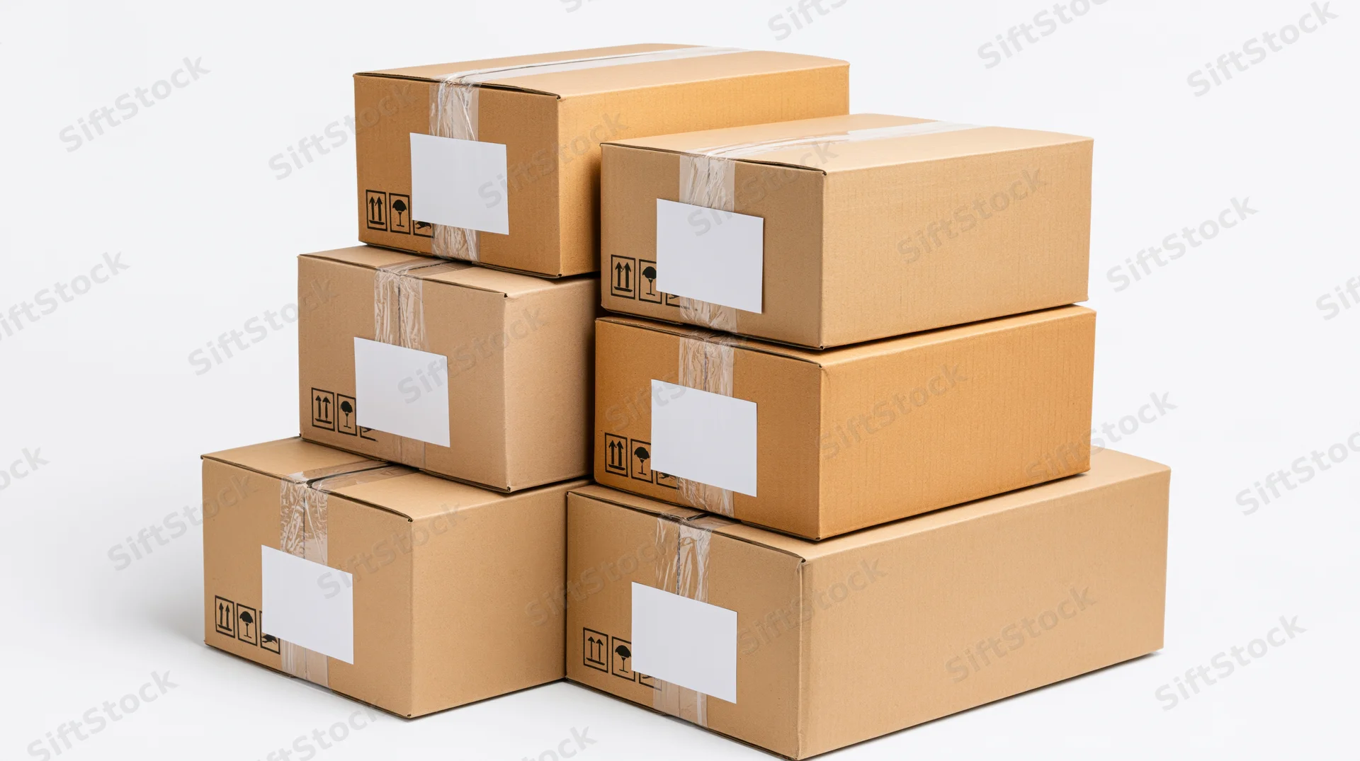 Stacked cardboard shipping boxes arranged in a pyramid formation on a white background