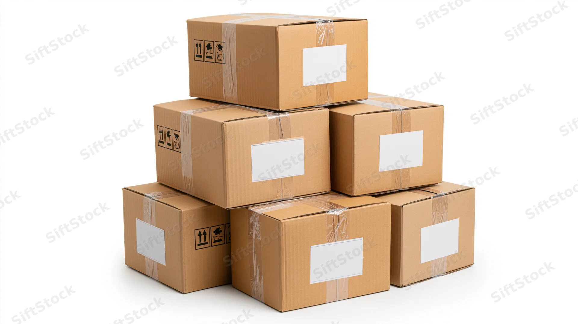 Stack of sealed cardboard shipping boxes with blank labels on white background