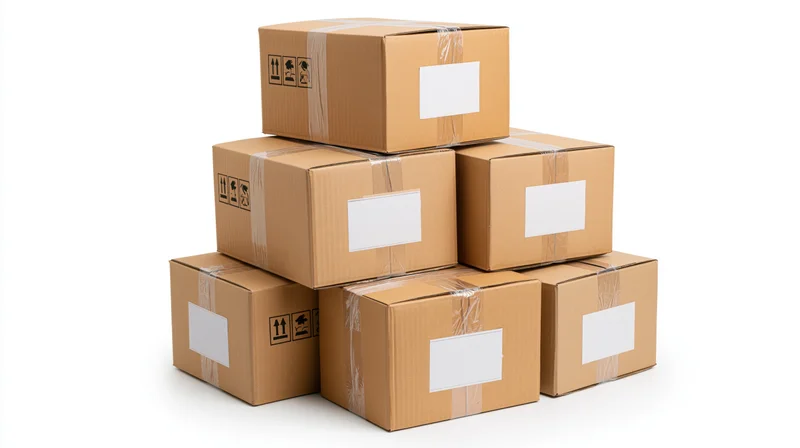 Stack of sealed cardboard shipping boxes with blank labels on white background